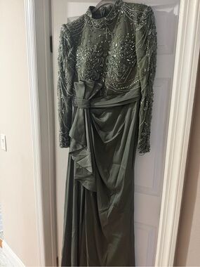 Embellished Olive Green Long Sleeve Evening Dress